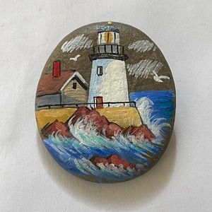 Original hand painted pin on flat stone. Unique gift for a lighthouse lover!